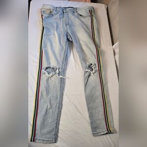 Stylish Light Blue Jeans with Multicolor Stripes